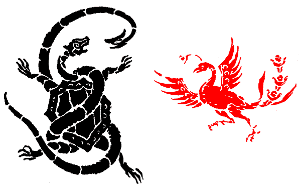 Красная птица - эмблема юга, «чёрный воин» (черепаха и змея) - эмблема севера. По мотивам ханьских рельефов.