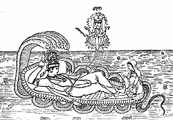 ¬ишну, поко¤щийс¤ на змее јнанте;  из пупка его вырос лотос, в котором находитс¤ бог  Ѕрахма; у ног ¬ишну - его жена богин¤ Ћакшми. —о средневековой миниатюры.