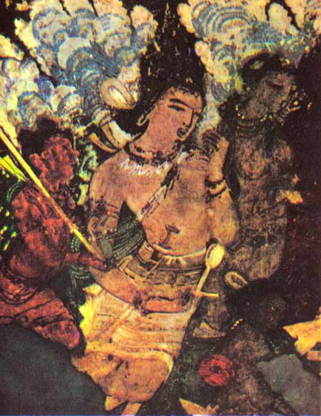 Индра в окружении апсар. Фрагмент фрески из Аджанты (пещера XVII). V в.
